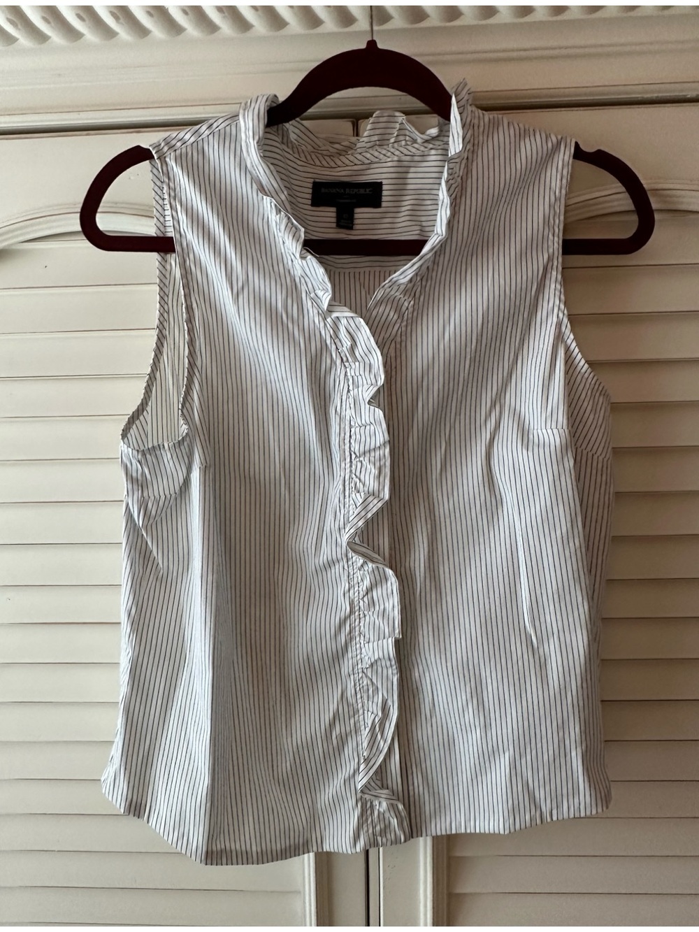 Banana Republic White with Navy Pinstripe Ruffle Sleeveless Top.